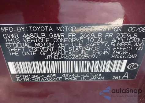 2008 Lexus Es 350 z USA, uszkodzony, nr VIN JTHBJ46G282250971